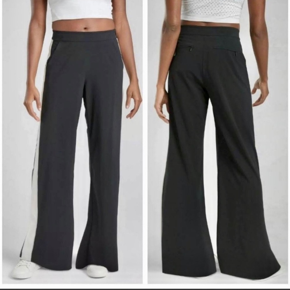 ATHLETA Black Luxe Gramercy Track Trousers Pants with White Stripes